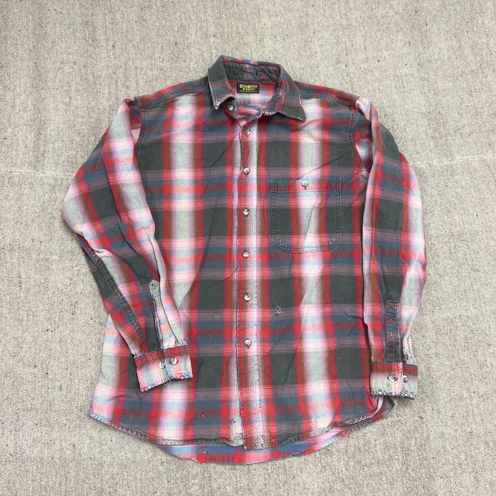 Vintage Oshkosh Flannel Shirt Mens Large Red 1990s Plaid Distressed